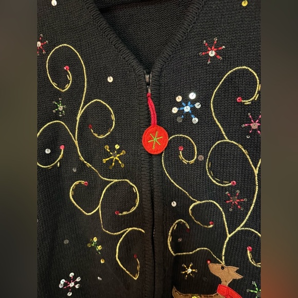 Vintage Kim Roger’s Holiday Reindeer sequined cotton blend zip vest sz M - Picture 6 of 8